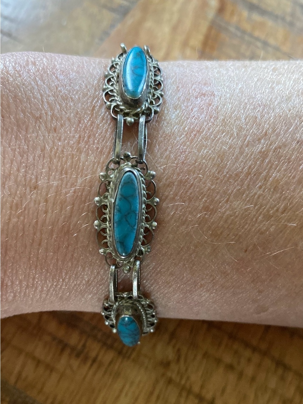 Vintage Mexican Sterling Silver Turquoise Link Bracelet